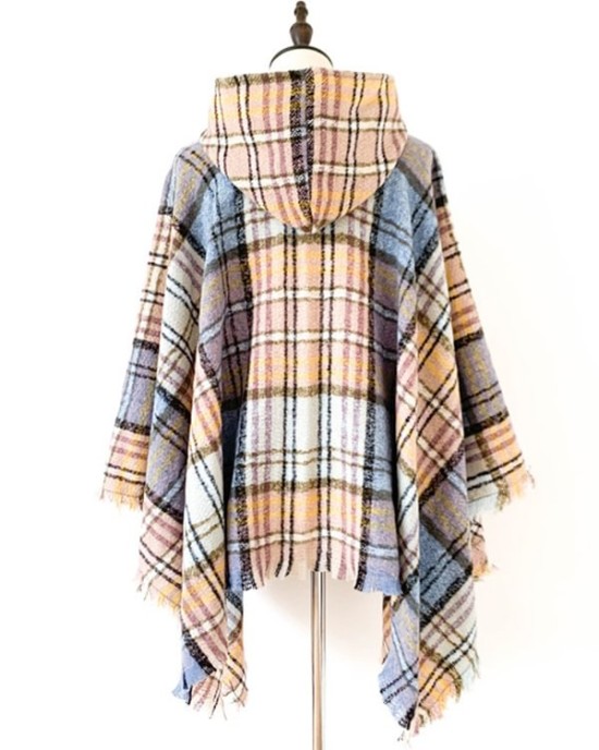 Fringed Hooded Keep Warm Plaid Shawl&Cloak Cape