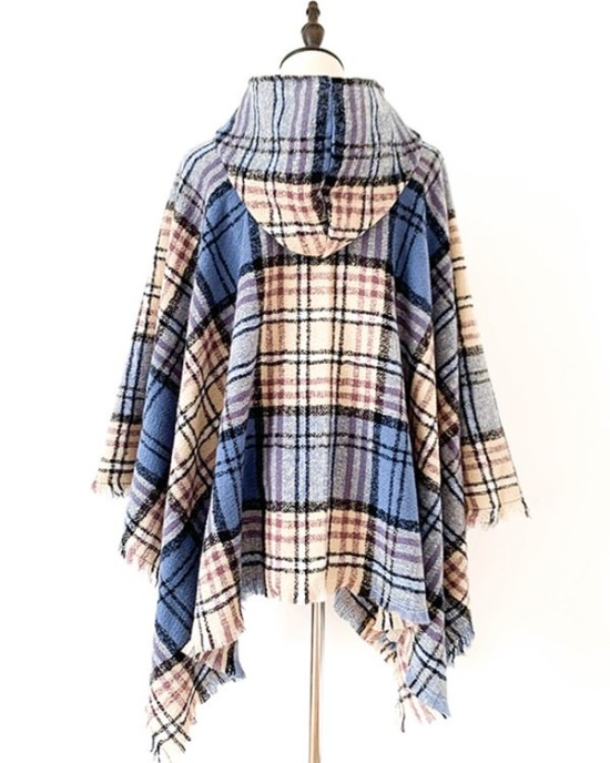 Fringed Hooded Keep Warm Plaid Shawl&Cloak Cape