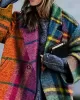 Long Sleeves Loose Contrast Color Plaid Split-Joint Lapel Outerwear Windbreakers Woolen Coat