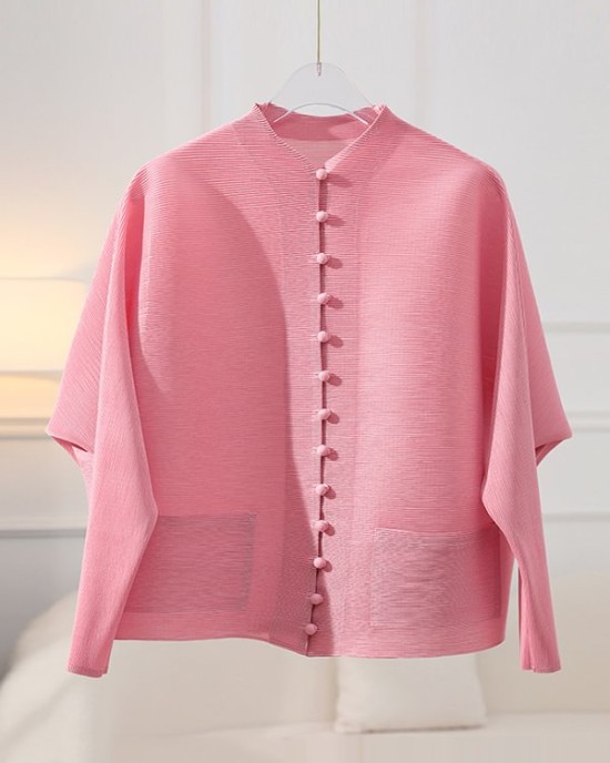 Buttoned Pleated Pockets Solid Color Long Sleeves Loose Round-Neck Outerwear