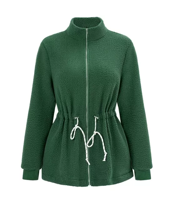 Drawstring Solid Color Velvet Zipper Long Sleeves Loose Stand Collar Outerwear