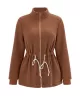 Drawstring Solid Color Velvet Zipper Long Sleeves Loose Stand Collar Outerwear