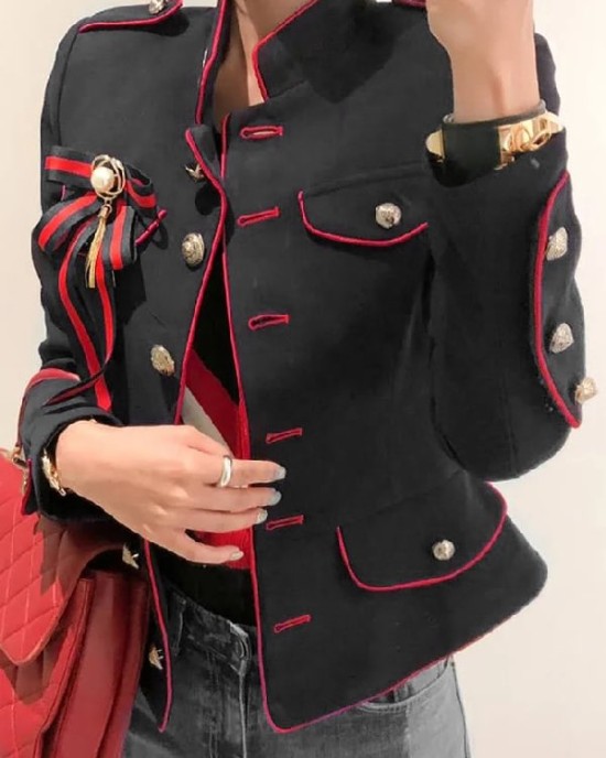 Long Sleeves Loose Buttoned Split-Joint Stand Collar Jackets Outerwear