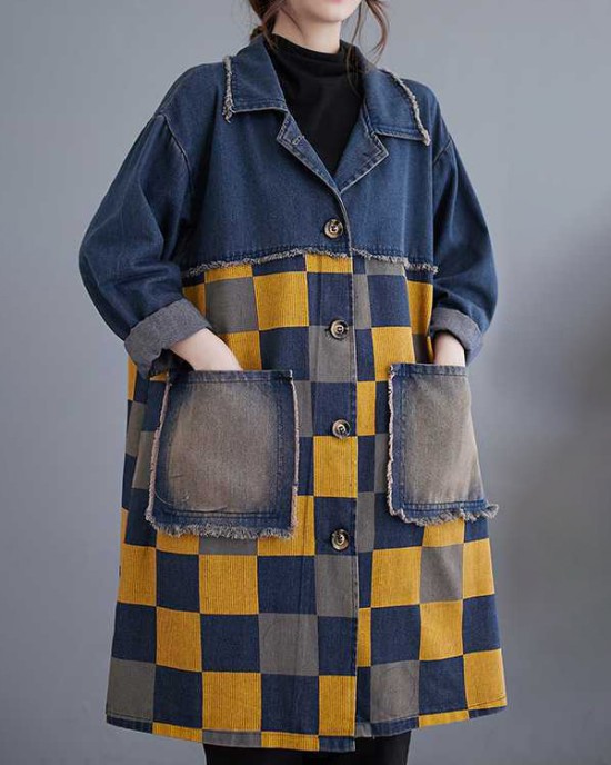 Buttoned Fringed Plaid Pockets Split-Joint Long Sleeves Loose Notched Collar Denim Outerwear