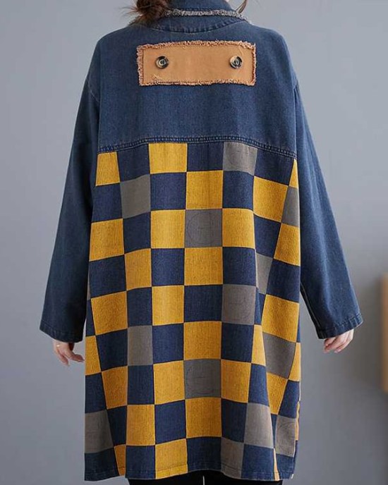 Buttoned Fringed Plaid Pockets Split-Joint Long Sleeves Loose Notched Collar Denim Outerwear