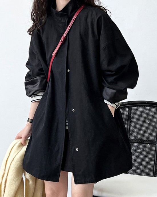 Pockets Solid Color Long Sleeves Loose Stand Collar Trench Coats Outerwear