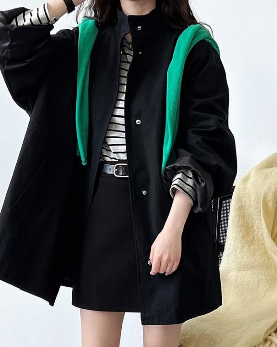 Pockets Solid Color Long Sleeves Loose Stand Collar Trench Coats Outerwear