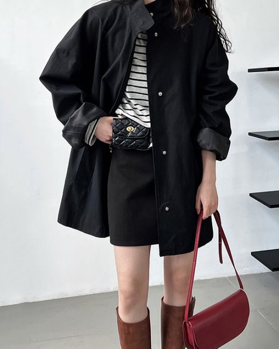 Pockets Solid Color Long Sleeves Loose Stand Collar Trench Coats Outerwear