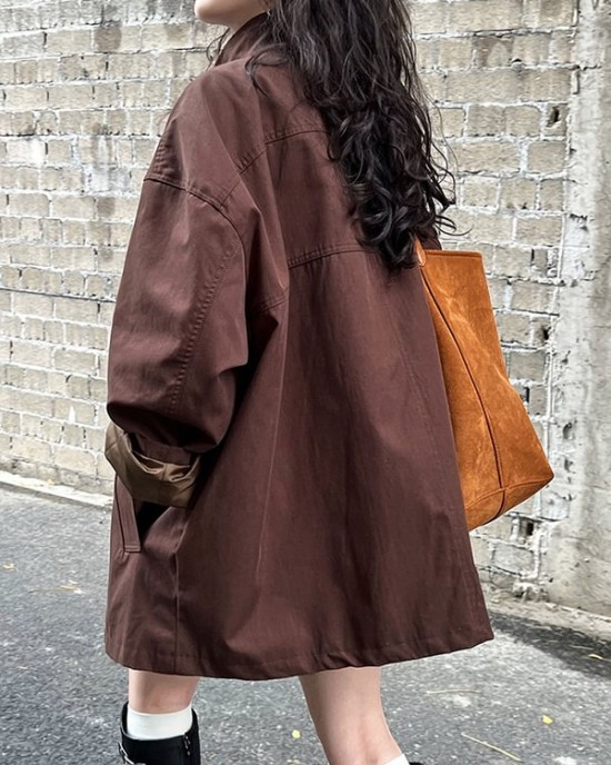 Pockets Solid Color Long Sleeves Loose Stand Collar Trench Coats Outerwear