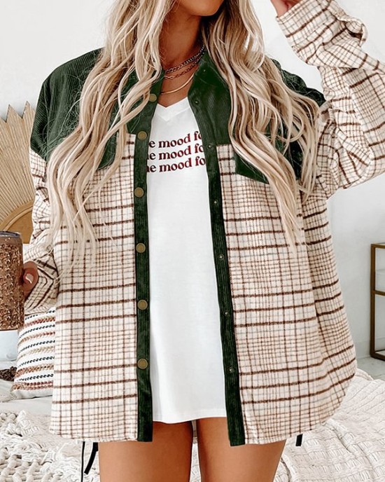 Buttoned Contrast Color Plaid Pockets Split-Joint Long Sleeves Loose Lapel Outerwear Jackets