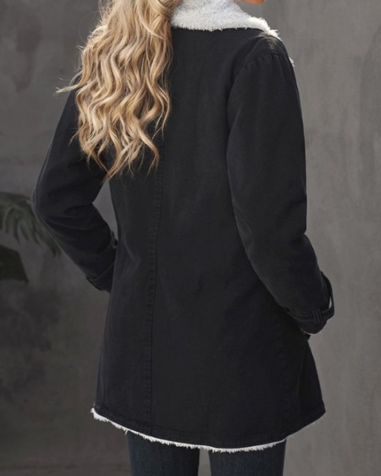 Buttoned Pockets Velvet Long Sleeves Loose Notched Collar Outerwear