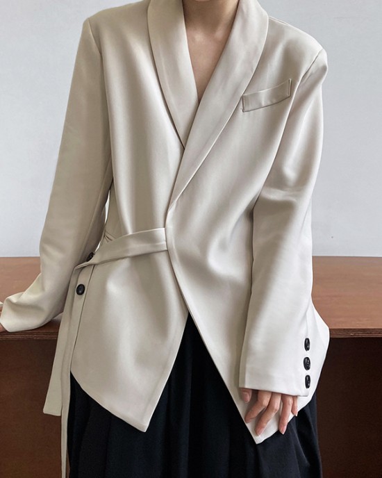 Asymmetric Buttoned Pockets Solid Color Tied Long Sleeves Loose V-Neck Outerwear Blazer