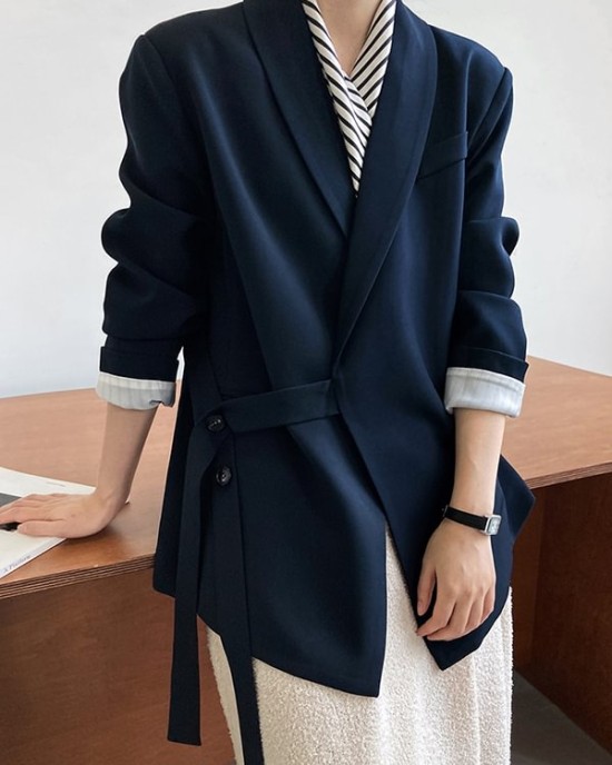 Asymmetric Buttoned Pockets Solid Color Tied Long Sleeves Loose V-Neck Outerwear Blazer