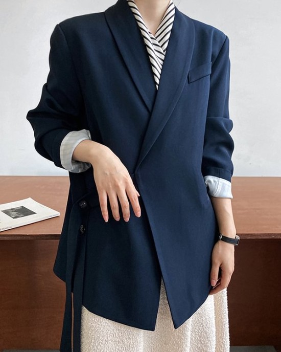 Asymmetric Buttoned Pockets Solid Color Tied Long Sleeves Loose V-Neck Outerwear Blazer