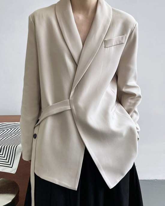 Asymmetric Buttoned Pockets Solid Color Tied Long Sleeves Loose V-Neck Outerwear Blazer