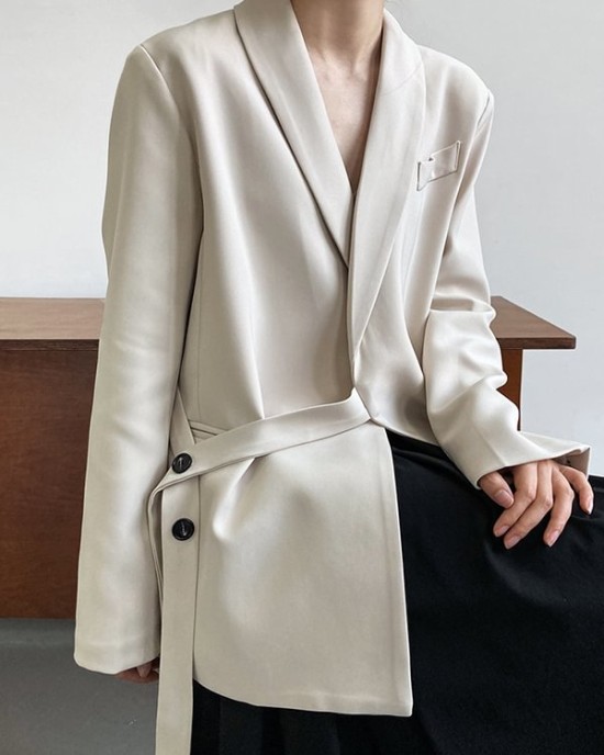 Asymmetric Buttoned Pockets Solid Color Tied Long Sleeves Loose V-Neck Outerwear Blazer