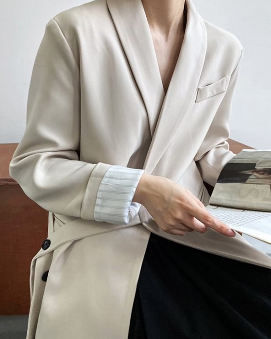 Asymmetric Buttoned Pockets Solid Color Tied Long Sleeves Loose V-Neck Outerwear Blazer