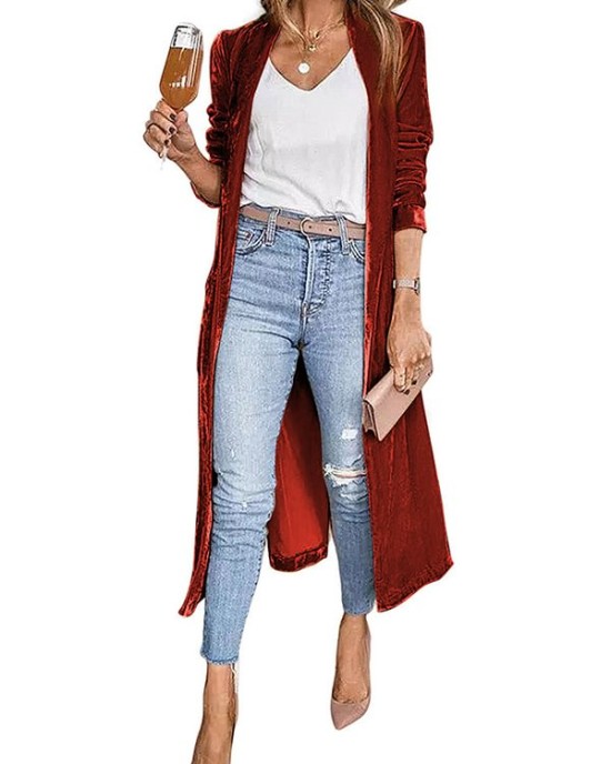 Pockets Solid Color Split-Joint Velvet Long Sleeves Loose Collarless Outerwear