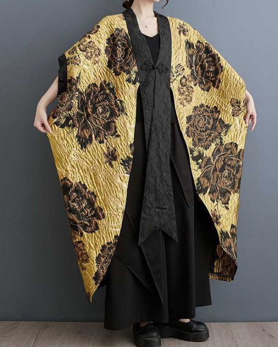 Flower-Embellished Chinese Frog Buttons Pleated Split-Joint Batwing Sleeves Loose V-Neck Outerwear