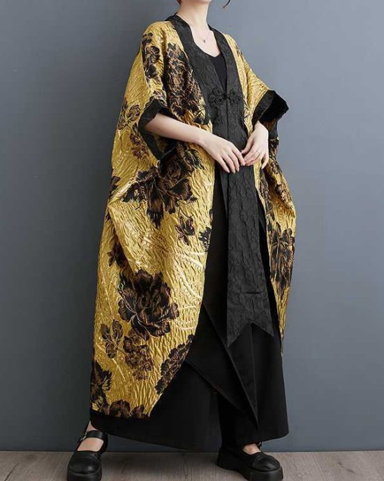 Flower-Embellished Chinese Frog Buttons Pleated Split-Joint Batwing Sleeves Loose V-Neck Outerwear