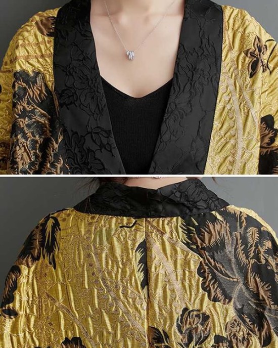 Flower-Embellished Chinese Frog Buttons Pleated Split-Joint Batwing Sleeves Loose V-Neck Outerwear