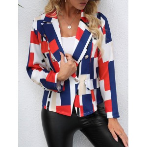 Buttoned Pockets Printed Long Sleeves Loose Notched Collar Outerwear Blazer