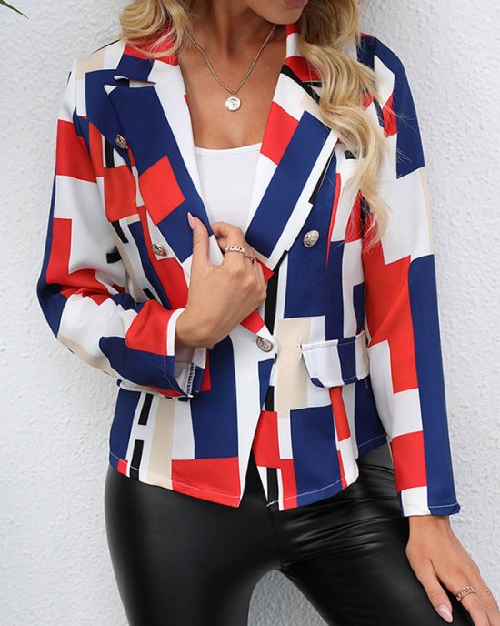 Buttoned Pockets Printed Long Sleeves Loose Notched Collar Outerwear Blazer