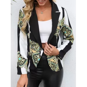 Buttoned Pockets Printed Long Sleeves Loose Notched Collar Outerwear Blazer