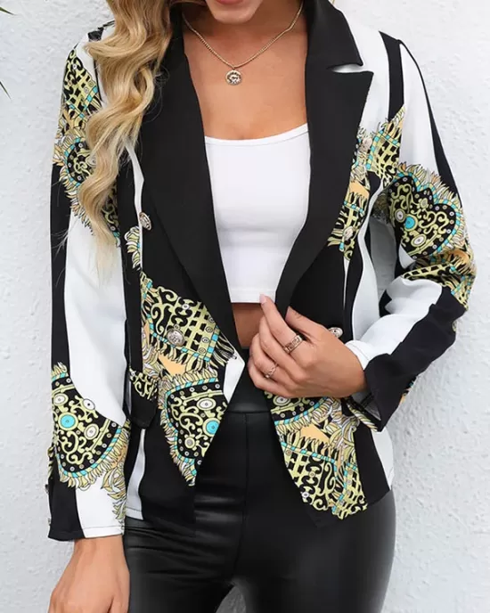 Buttoned Pockets Printed Long Sleeves Loose Notched Collar Outerwear Blazer