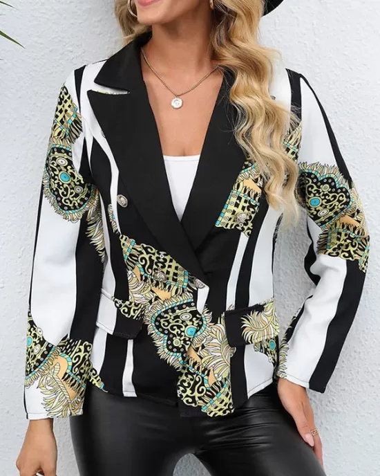 Buttoned Pockets Printed Long Sleeves Loose Notched Collar Outerwear Blazer