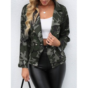 Buttoned Camouflage Pockets Long Sleeves Loose Notched Collar Outerwear Blazer