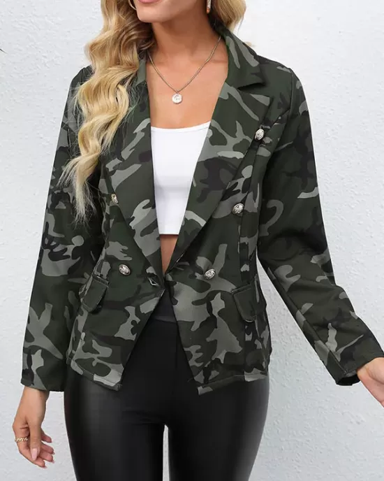 Buttoned Camouflage Pockets Long Sleeves Loose Notched Collar Outerwear Blazer