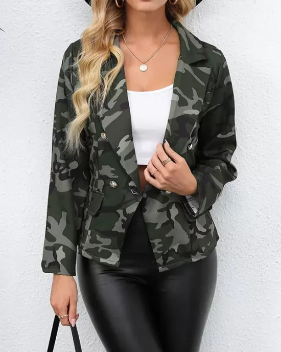 Buttoned Camouflage Pockets Long Sleeves Loose Notched Collar Outerwear Blazer