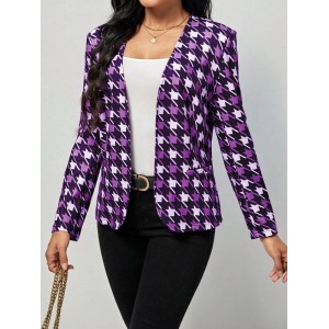 Houndstooth Pockets Long Sleeves Loose V-neck Outerwear Blazer