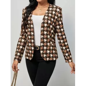 Houndstooth Pockets Long Sleeves Loose V-neck Outerwear Blazer