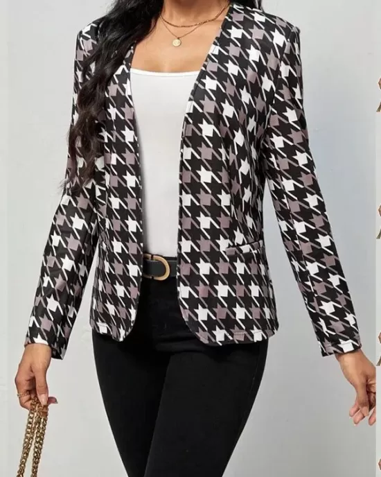 Houndstooth Pockets Long Sleeves Loose V-neck Outerwear Blazer