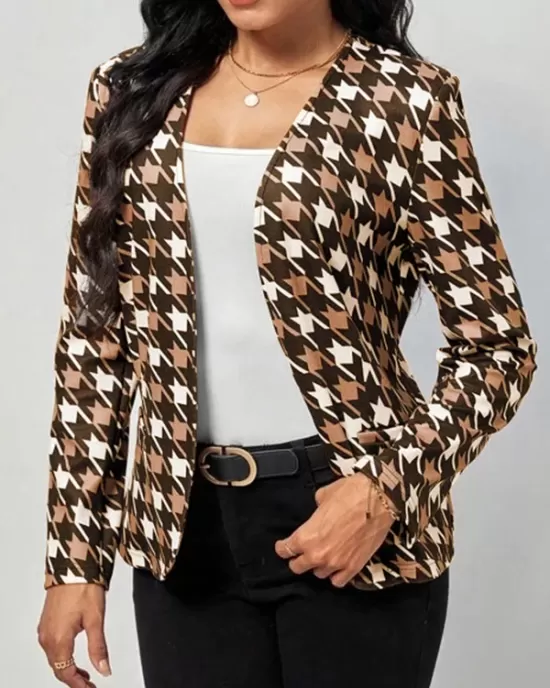 Houndstooth Pockets Long Sleeves Loose V-neck Outerwear Blazer