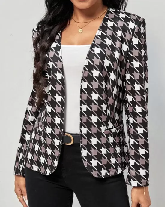 Houndstooth Pockets Long Sleeves Loose V-neck Outerwear Blazer