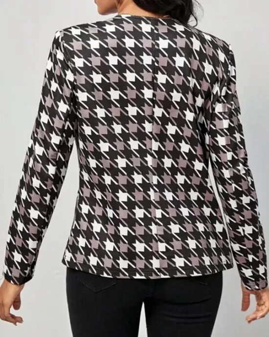 Houndstooth Pockets Long Sleeves Loose V-neck Outerwear Blazer