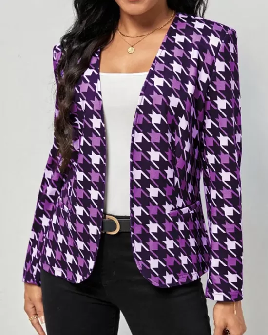 Houndstooth Pockets Long Sleeves Loose V-neck Outerwear Blazer