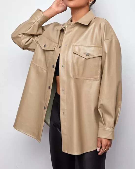 Buttoned Pockets Long Sleeves Loose Lapel Outerwear Jackets