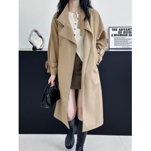 Buckle Pockets Solid Color Split-Back Tied Waist Long Sleeves Loose Lapel Trench Coats