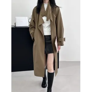 Buckle Pockets Solid Color Split-Back Tied Waist Long Sleeves Loose Lapel Trench Coats