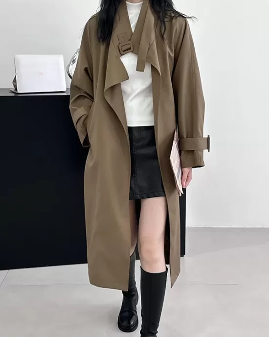 Buckle Pockets Solid Color Split-Back Tied Waist Long Sleeves Loose Lapel Trench Coats