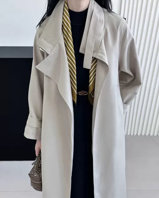 Buckle Pockets Solid Color Split-Back Tied Waist Long Sleeves Loose Lapel Trench Coats