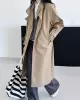 Buckle Pockets Solid Color Split-Back Tied Waist Long Sleeves Loose Lapel Trench Coats