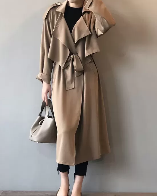 Khaki&Black Vintage Notched Collar Thin Trench Coat