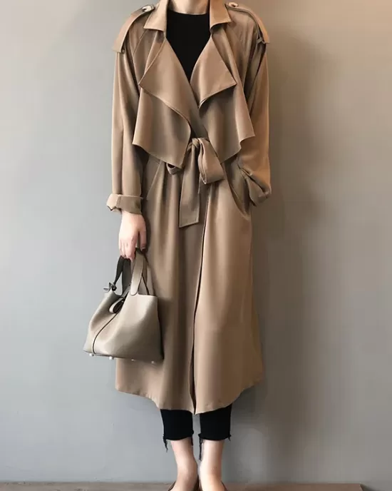 Khaki&Black Vintage Notched Collar Thin Trench Coat