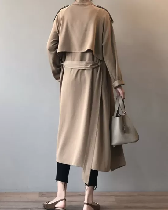 Khaki&Black Vintage Notched Collar Thin Trench Coat