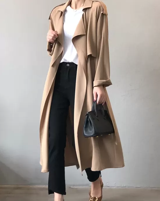 Khaki&Black Vintage Notched Collar Thin Trench Coat